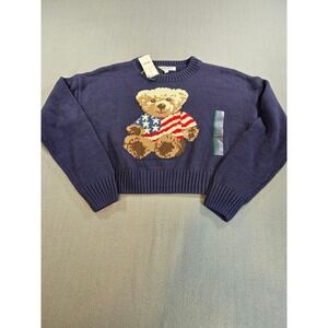 Grayson Threads Sweater Women M Blue Bear American Flag Cropped Intarsia Knit